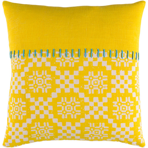 22" Yellow and White Embroidered and Screen Printed Boho Pattern Square Throw Pillow Cover - IMAGE 1