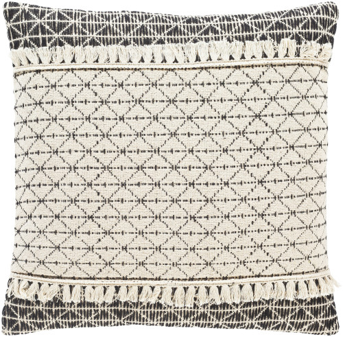 18" Beige and Black Tasseled Square Woven Throw Pillow with Knife Edge - Polyester Filler - IMAGE 1