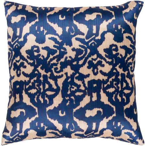 20" Navy Blue and Brown Damask Patterned Square Woven Throw Pillow – Polyester Filler - IMAGE 1