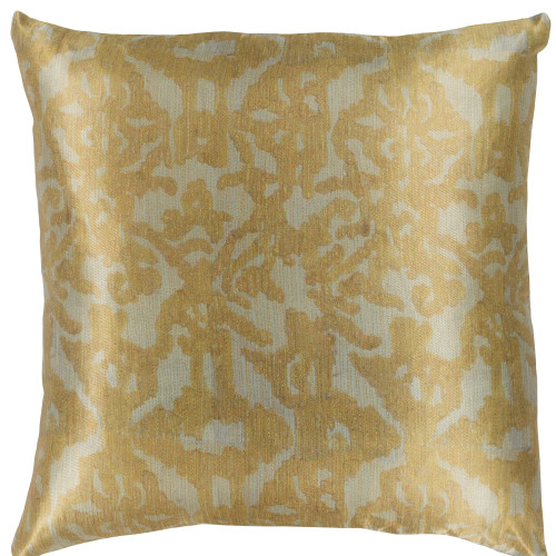 18" Yellow and Green Damask Patterned Square Woven Throw Pillow – Down Filler - IMAGE 1