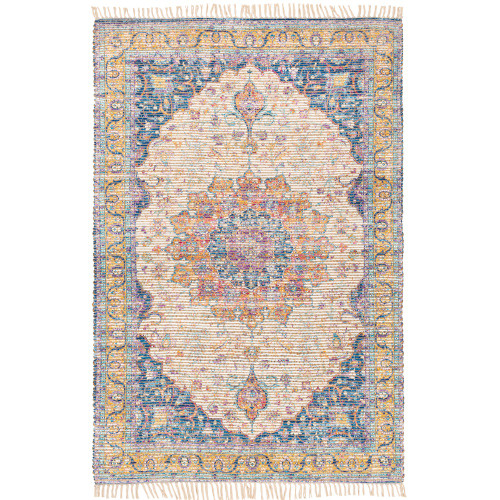 2' x 3' Distressed Medallion Design Yellow, Blue and Beige Hand Woven Rectangular Area Throw Rug - IMAGE 1