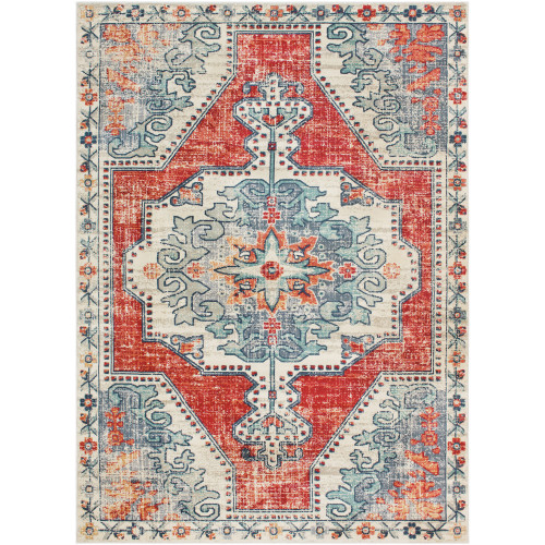2' x 3' Distressed Traditional Style Red and Beige Rectangular Machine Woven Area Throw Rug - IMAGE 1