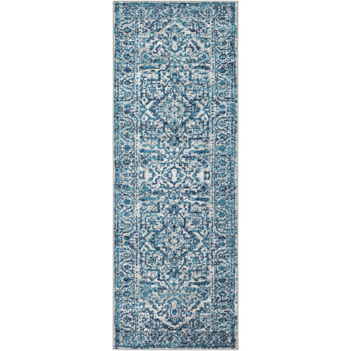 2.5' x 7.25' Ornate Motifs Gray and Sky Blue Rectangular Area Throw Rug Runner - IMAGE 1