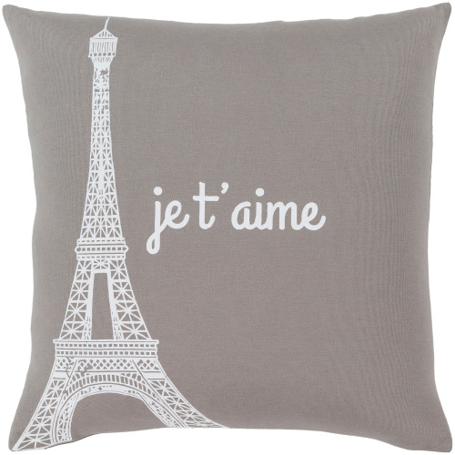 22" Gray and White Screen Printed "Je t'aime" Square Throw Pillow - Down Filler - IMAGE 1