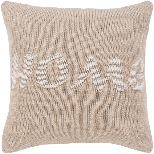 18" Tan and Ivory Knitted "Home" Square Throw Pillow Cover - IMAGE 1