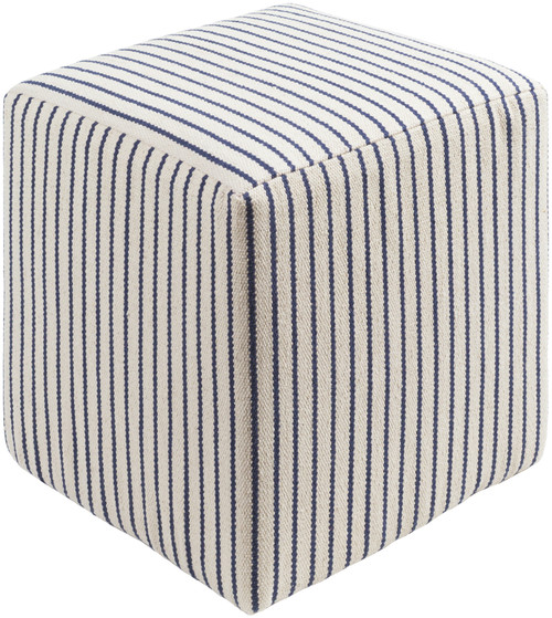 18" Navy Blue and Cream Contemporary Striped Pouf Ottoman - IMAGE 1