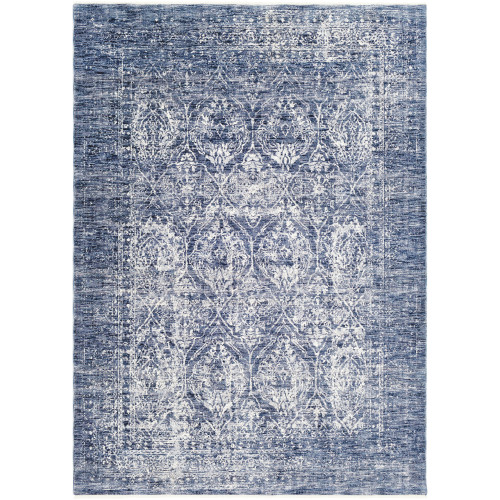 2' x 3'3" Distressed Damask Patterned Denim Blue and White Rectangular Machine Woven Area Throw Rug - IMAGE 1