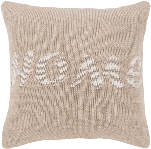 22" Tan and White "HOME" Printed Square Throw Pillow - Down Filled - IMAGE 1