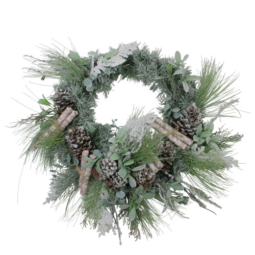 24” Artificial Frosted Pine, Birch Scrolls and Pine Cone Christmas Wreath - Unlit - IMAGE 1