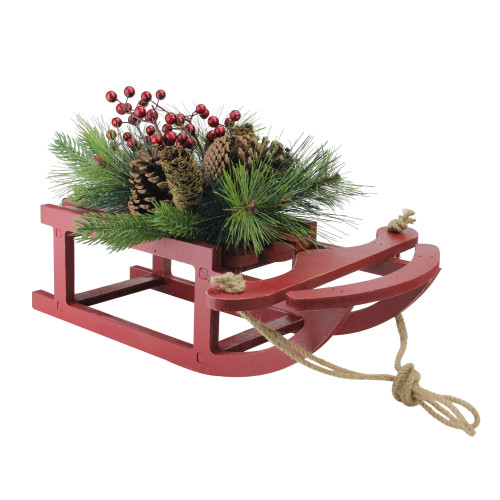 15" Red Berry and Pine Cones Wooden Sleigh Christmas Table Top Decoration - IMAGE 1