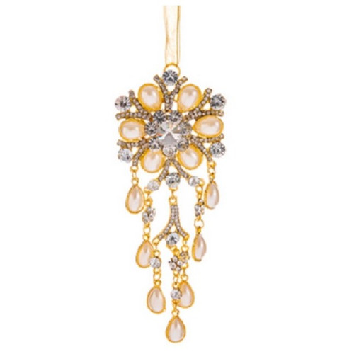 5.5" Glamour Time Dazzling Floral Gold Pearl and Rhinestone Decorative Christmas Drop Ornament - IMAGE 1