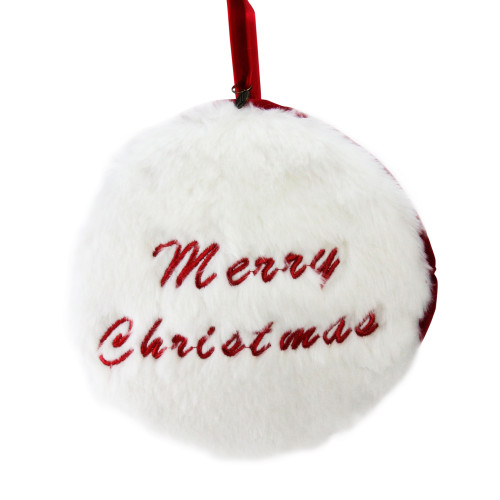 7.5" Red and White "Merry Christmas" Faux Fur Decorative Christmas Disc Ornament - IMAGE 1