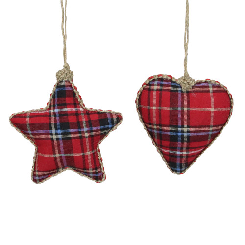 Set of 2 Red Plaid Heart and Star Shatterproof Christmas Ornaments 5" - IMAGE 1