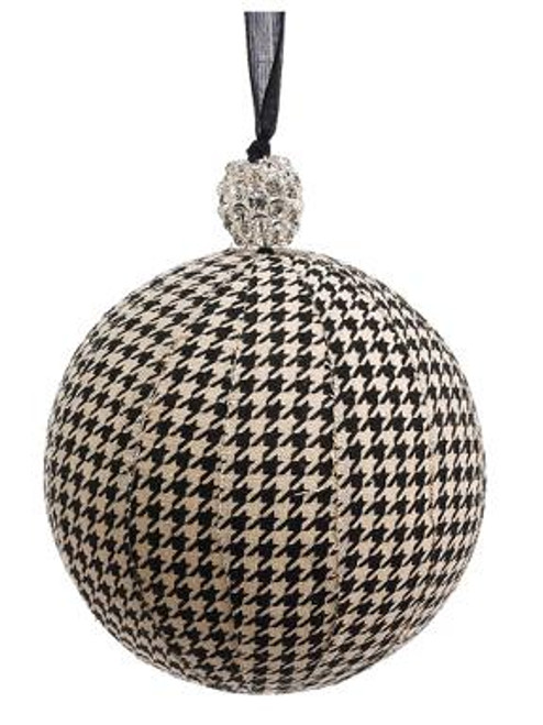 Black and Beige Houndstooth with Rhinestone Cap Christmas Ball Ornament 6" (150mm) - IMAGE 1