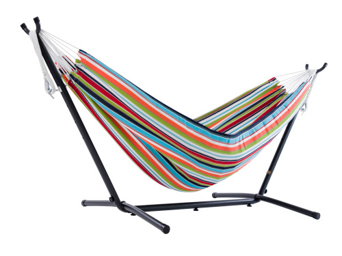 110” Red, Orange and Blue Striped Sunbrella Brazilian Style Hammock with Stand - IMAGE 1