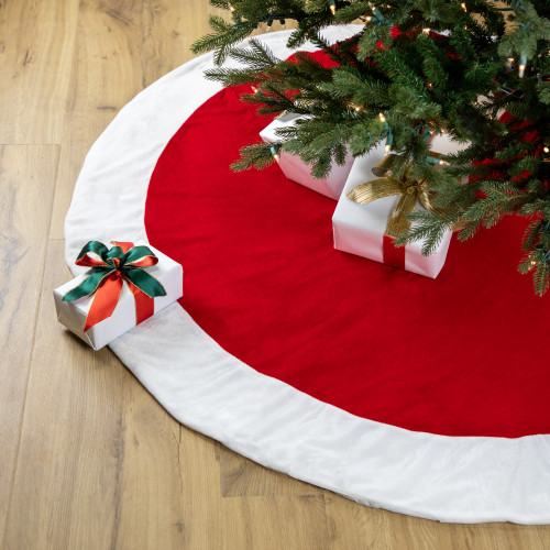 Velveteen Christmas Tree Skirt - 60" - Red and White - IMAGE 1