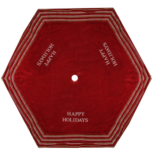 56" Red and White 'Happy Holidays' Christmas Tree Skirt with Striped Trim - IMAGE 1