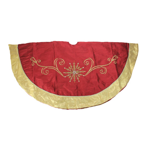 54" Gold and Burgundy Gem Embroidered Snowflake Swirls Silk Christmas Tree Skirt - IMAGE 1