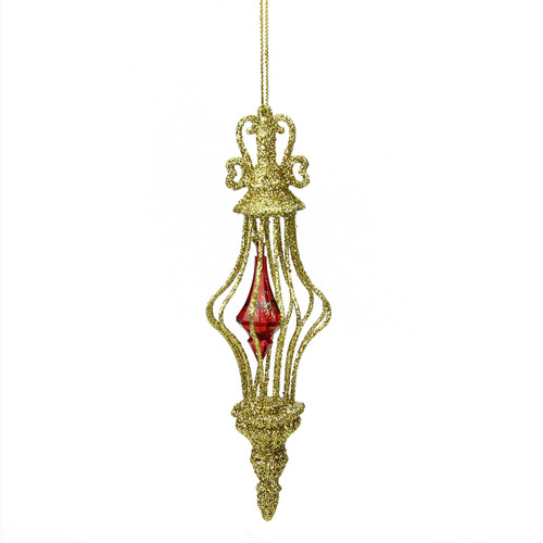 Set of 2 Gold and Red Glittered Finial with Drop Decorative Christmas Ornaments 6.5" - IMAGE 1