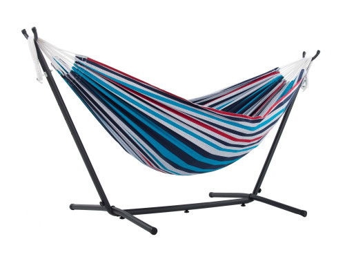 110” Red, White and Blue Striped Brazilian Style Hammock with a Steel Hammock Stand - IMAGE 1