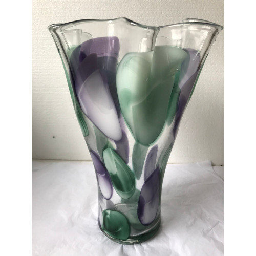 14" Green and Purple Spotted Hand Blown Glass Vase - IMAGE 1