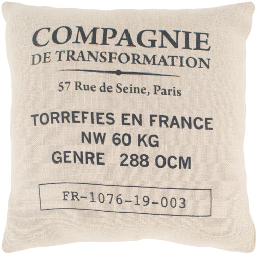 20" Beige and Charcoal Black "COMPAGNIE DE TRANSFORMATION" Square Throw Pillow - Down Filler - IMAGE 1