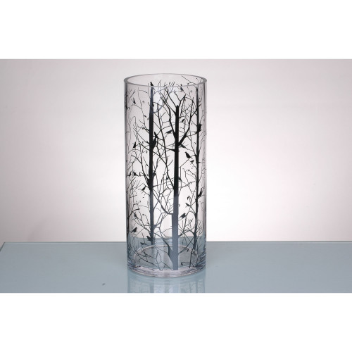 14" Clear Printed Branches Design Cylindrical Glass Vase - IMAGE 1