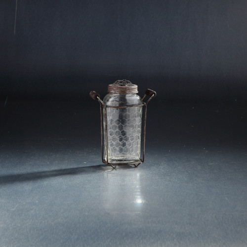 7" Clear Honeycomb Pattern Handblown Glass Jar with Rustic Finish Holder - IMAGE 1