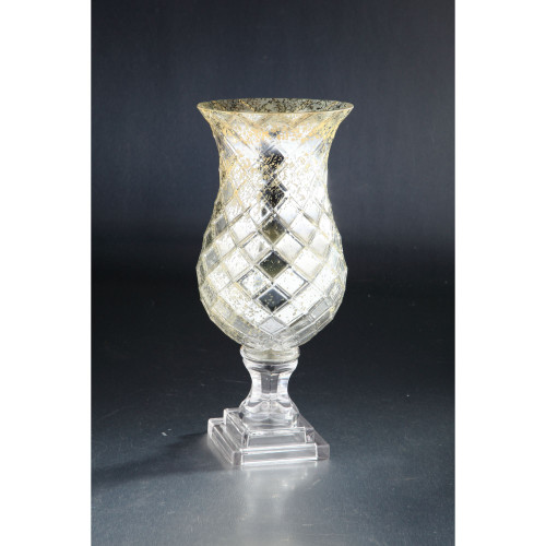 14" Silver and Gold Tone Diamond Pattern Glass Hurricane Candle Holder - IMAGE 1
