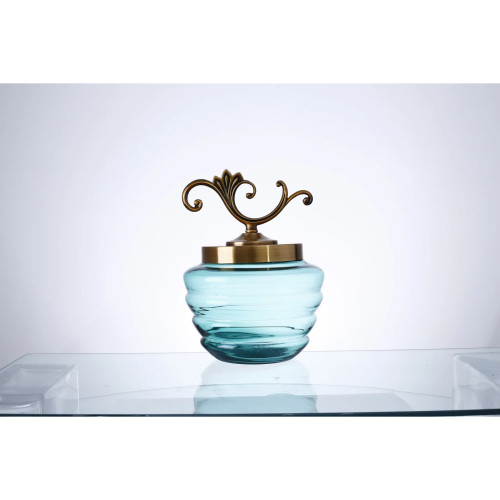Ribbed Handblown Glass Jar with Ornate Lid - 10" - Blue and Gold - IMAGE 1