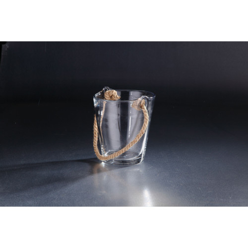 7.5" Clear Cylindrical Hand Blown Glass Vase with Brown Rope Accent - IMAGE 1