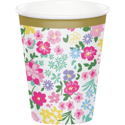 Club Pack of 96 Pink and Green Floral Printed Tea Party Cups 3.75" - IMAGE 1