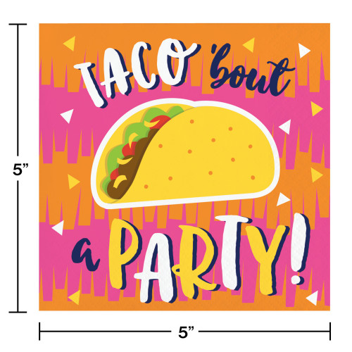 Club Pack of 192 Orange and Pink "TACO 'bout a PARTY" Printed Square 2-Ply Luncheon Napkins 10" - IMAGE 1