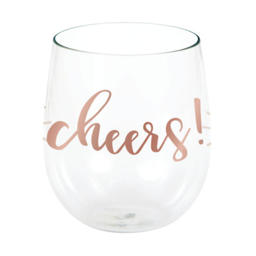 Pack of 6 Clear and Brown "cheers!" Printed Rose All Day Stemless Wine Glasses 4" - IMAGE 1