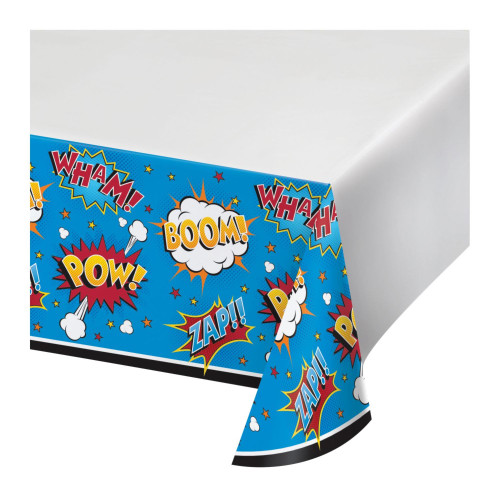 Club Pack of 12 Blue and White Superhero Slogans Tablecloths 88" - IMAGE 1