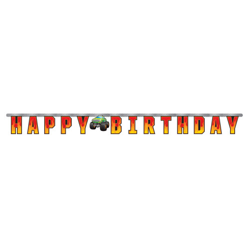Club Pack of 12 Orange and Yellow "HAPPY BIRTHDAY" Printed Monster Truck Rally Banner 81'' - IMAGE 1