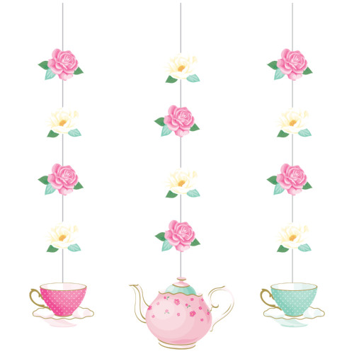 Club Pack of 36 Pink and Teal Blue Floral Tea Party Hanging Cutouts 32" - IMAGE 1