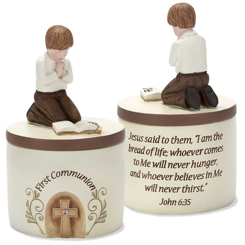 Boys First Holy Communion Keepsake Box - 5.25" - Beige and Brown - IMAGE 1