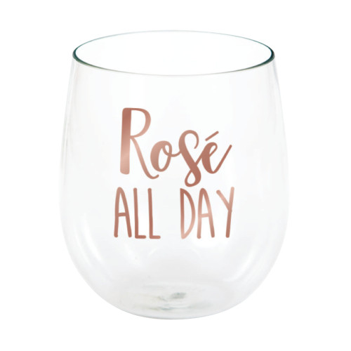 Pack of 6 Clear and Brown "Rose ALL DAY" Printed Stemless Wine Glasses 4" - IMAGE 1