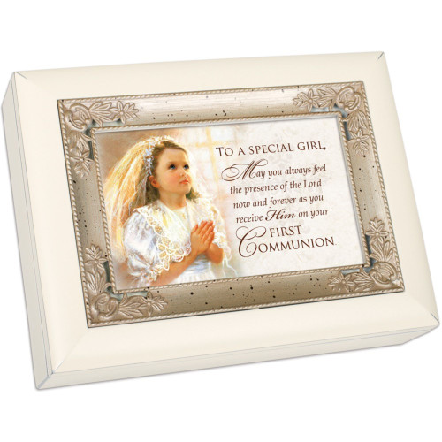 First Communion Keepsake Music Box - 8" - Silver and Ivory - IMAGE 1