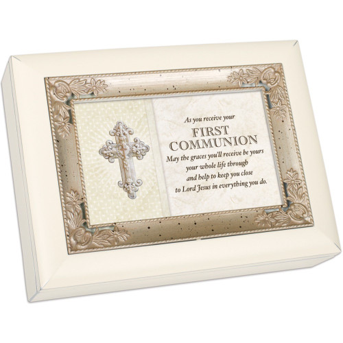 First Communion Keepsake Music Box - 8" - Ivory and Silver - IMAGE 1