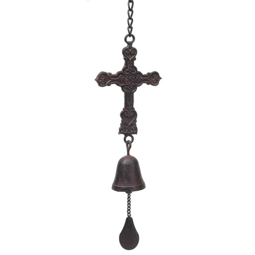 24" Black and Gray Cross with Bell Outdoor Christmas Windchime - IMAGE 1