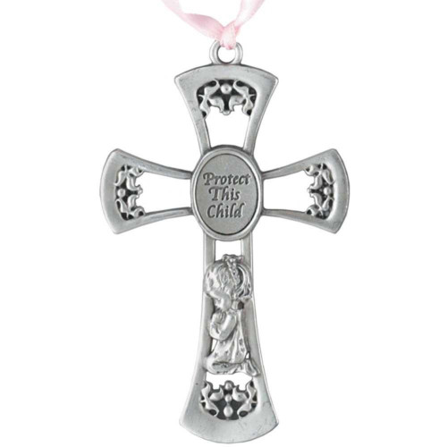 Protect This Child Hanging Cross - 3.5" - Gray and Pink - IMAGE 1