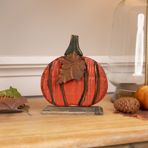 Wooden Fall Harvest Pumpkin Decoration with Leaf - 6.25" - IMAGE 1