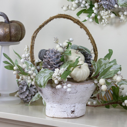 Gourds and Berries Fall Harvest Artificial Birch Basket Arrangement - 13" - IMAGE 1