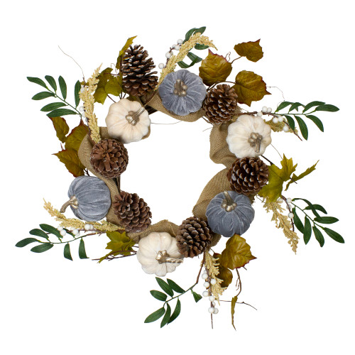 Pumpkins and Pinecones Artificial Burlap Fall Harvest Wreath - 24" - Beige and Green - IMAGE 1