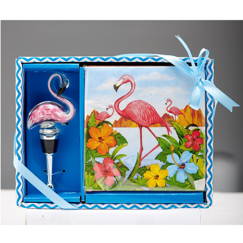 8" Pink and Green Flamingo Napkin and Stopper Set - IMAGE 1