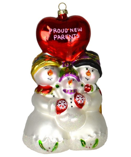 6.5" Red and White "Proud New Parents" Ornament Snowman Family Hand Blown Glass Figurine Ornament - IMAGE 1