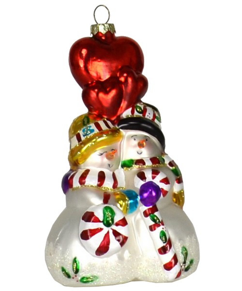 6.5" White and Red Lovey Dovey Snowman Couple Hand Blown Glass Ornament - IMAGE 1
