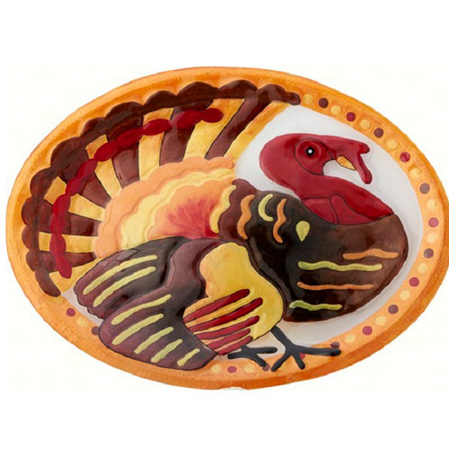 14" Yellow and Red Turkey Design Hand Made Oval Platter - IMAGE 1